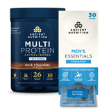 Ancient Nutrition Multi Protein supplement tub in Dark Chocolate flavor next to a Men's Essentials Variety Pack box showing 30 packs, with a single blue sachet in front.