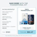 Promotional graphic for the Men's Foundational Kit byshowing a bundle of supplements including a multivitamin, probiotics, magnesium, and a multi protein powder tub. The graphic compares buying these separately ($160 total) versus as a kit ($84)
