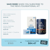 Promotional graphic for the Men's Foundational Kit by showing a bundle of supplements including a multivitamin, probiotics, magnesium, and a multi protein powder tub. The graphic compares buying these separately ($160 total) versus as a kit ($84)