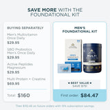Promotional graphic for the Men's Foundational Kit by showing a bundle of supplements including a multivitamin, probiotics, magnesium, and a multi protein powder tub. The graphic compares buying these separately ($160 total) versus as a kit ($84)