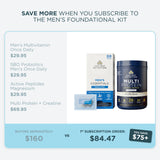 Promotional graphic for the Men's Foundational Kit by showing a bundle of supplements including a multivitamin, probiotics, magnesium, and a multi protein powder tub. The graphic compares buying these separately ($160 total) versus as a kit ($84)