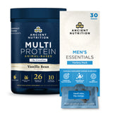 Ancient Nutrition Multi Protein supplement tub in Vanilla Bean flavor next to a Men's Essentials Variety Pack box and a single blue sachet, on a clean white background.