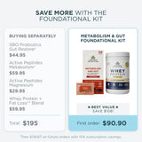 Promotional graphic for the Metabolism and Gut Foundational Kit by showing a bundle of supplements. The graphic compares buying these separately ($195 total) versus as a kit ($90)