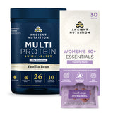 Ancient Nutrition Multi-Protein supplement tub in Vanilla Bean flavor shown next to a Women's 40+ Essentials variety pack box and a single sachet on a white background.