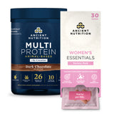Ancient Nutrition Multi Protein supplement tub in Dark Chocolate flavor next to a Women's Essentials Variety Pack box with individual supplement packets.