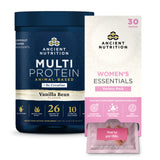 Ancient Nutrition Multi Protein supplement tub in Vanilla Bean flavor next to a Women's Essentials Variety Pack box with individual supplement packets, on a white background.