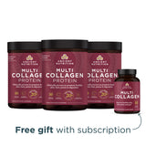 Three Ancient Nutrition Multi Collagen Protein supplement containers and one smaller bottle on a white background, with text below reading 'Free gift with subscription'.