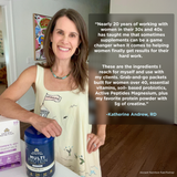 Katherine Andrew stands indoors next to a blue tub of Ancient Nutrition Multi Protein powder and a white box. A large dark gray text box overlays the right side with a testimonial quote attributed to Katherine Andrew, RD.