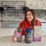 Keri Glassman holds Ancient Nutrition products, including a shaker bottle, a tub of multi-protein powder, and a box of women's 40+ essentials, with a large text overlay praising the Women's 40+ Foundational Kit.