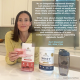 Keri Glassman holding Ancient Nutrition metabolism and Gut Support vitamin packets, with a large quote overlay on the right and Ancient Nutrition products including a whey protein tub and shaker bottle in front of her.