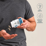 A man in a dark gray t-shirt holds an open bottle of 'Men's Libido Booster Capsules  with two capsules falling into his palm. The background is a solid light beige, with two circular icons on the right detailing product benefits.