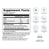 A supplement facts label for multi collagen protein gel packs, shown alongside six circular icons indicating product attributes such as non-GMO, gluten-free, made without dairy, made without soy, no sugar added, and BPA-free.
