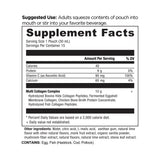 Supplement facts label for a product with serving size, calories, protein, vitamin C, calcium, and other ingredients listed.