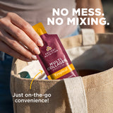 Person holding a multi-collagen protein packet with text 'No mess. No mixing.' and 'Just on-the-go convenience!'.