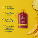 Ancient Nutrition Multi Collagen Protein package on a yellow background with pineapple and mango slices.