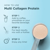 Instructional graphic for using Multi Collagen Protein, showing three steps with icons and text on a light blue background, alongside a scoop of the beige powder.