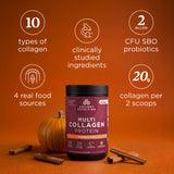 a bottle of Multi Collagen Protein Pumpkin Cream (24 Servings) displayed on an orange background with a small pumpkin and cinnamon sticks, surrounded by white text callouts highlighting product features.