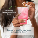 A person holding a ribbed clear tumbler with a pink drink and a gold straw, with text overlays reading 'Refreshing Watermelon Lime flavor!' and 'Supports healthy hair, skin, nails, joints & gut'.