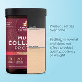Ancora Nutri Multi Collagen Powder in Watermelon flavor, shown in a dark jar with a label explaining the settling process of collagen powder over time, set against a light blue background with explanatory text.