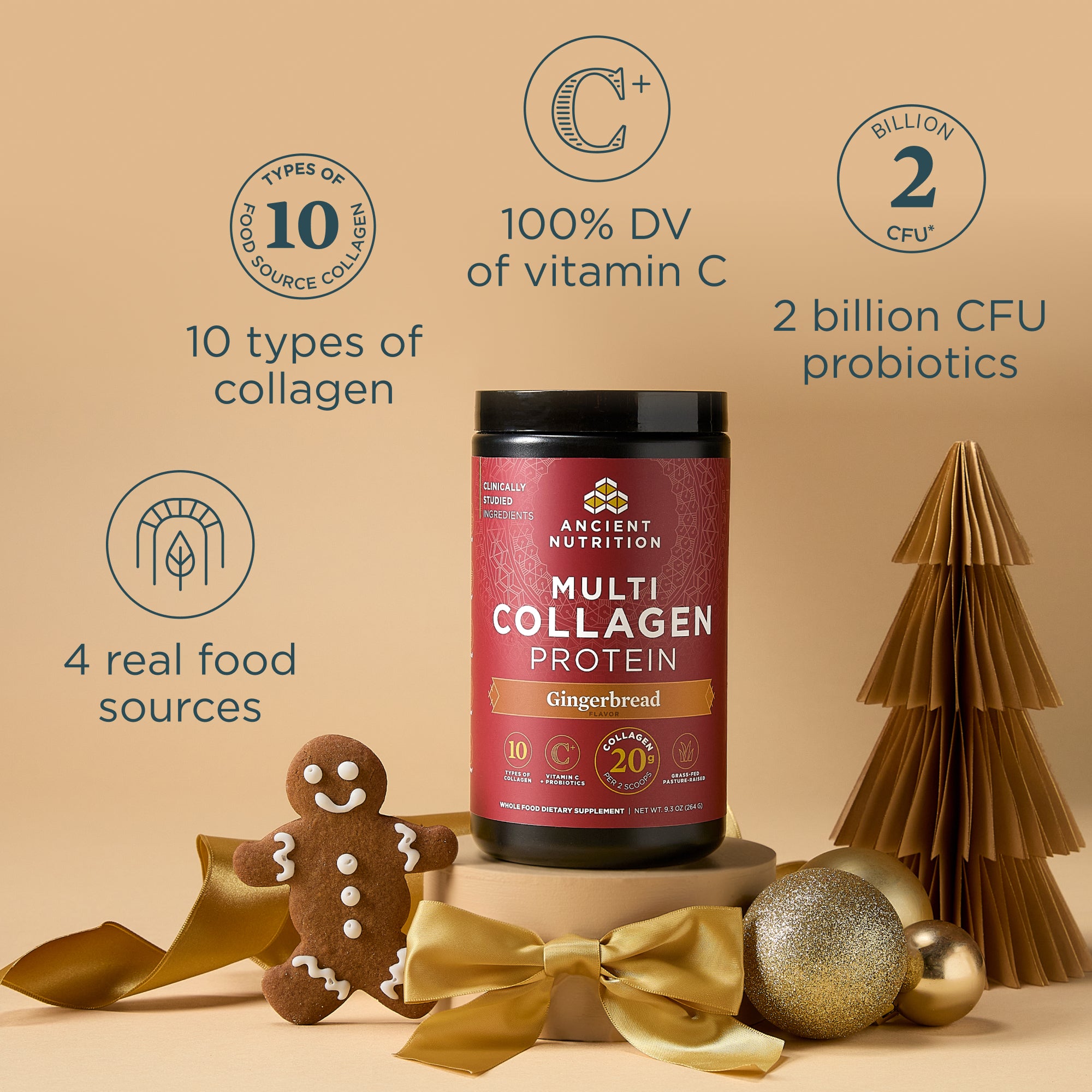 Multi Collagen Protein bottle with gingerbread theme on a beige background