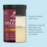 Supplement container with text on product settling on a light blue background