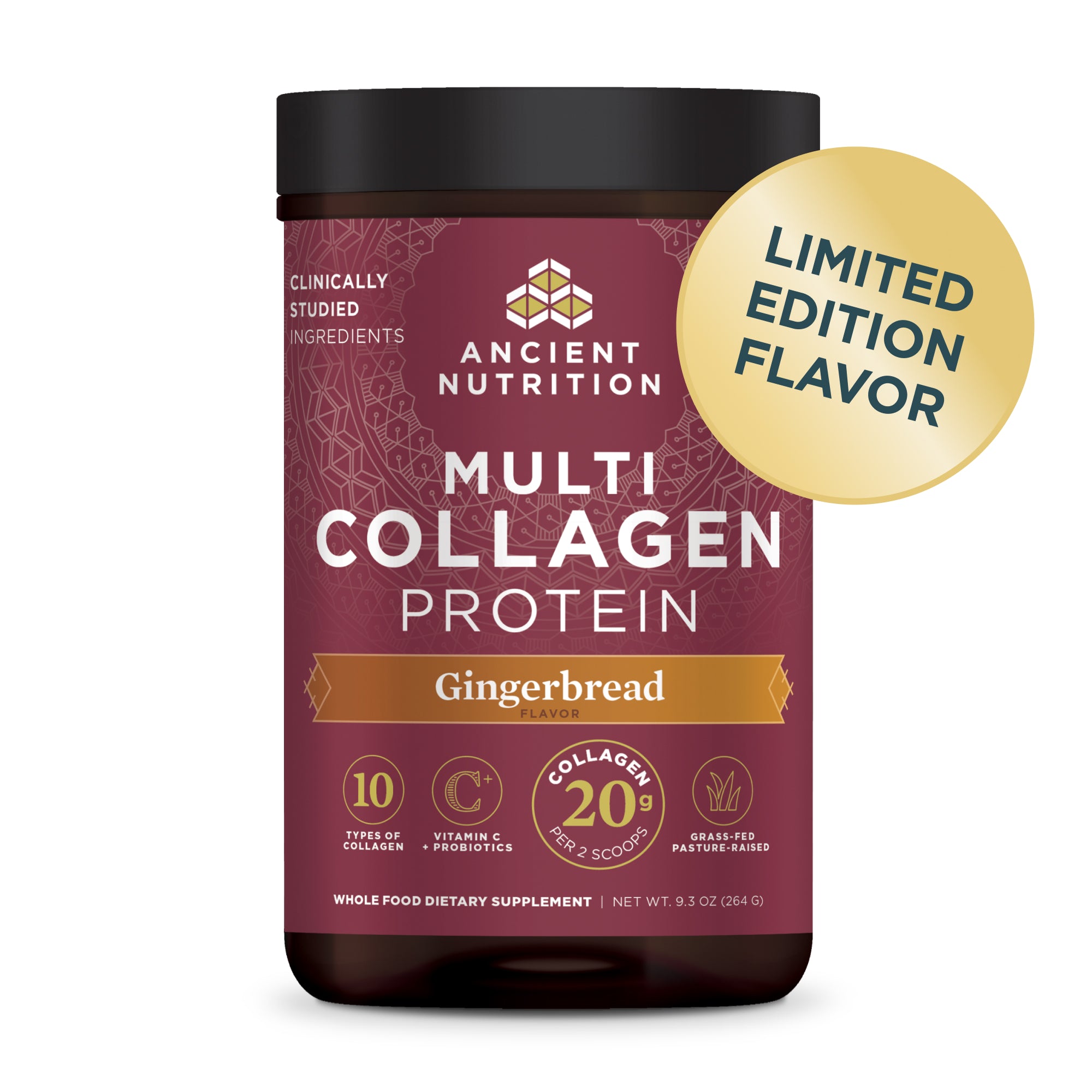 Ancient Nutrition Multi Collagen Protein container with gingerbread flavor on a white background