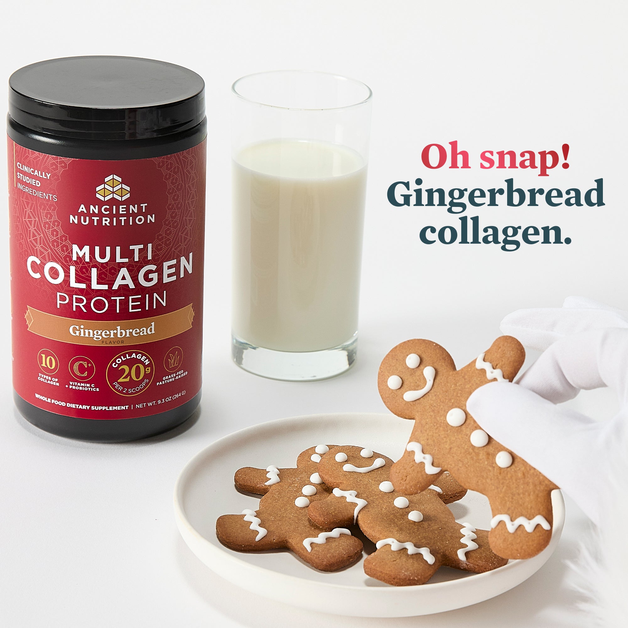 Ancient Nutrition Multi Collagen Protein with gingerbread cookies and a glass of milk on a white background