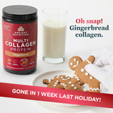Ancient Nutrition Multi Collagen Protein powder in Gingerbread flavor, shown in a red tub next to a glass of milk and gingerbread cookies on a white plate, with promotional text overlays.