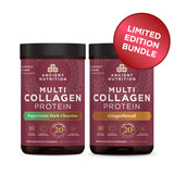 Two containers of Ancient Nutrition Multi Collagen Protein with limited edition label on a white background