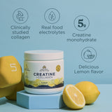 Ancient Nutrition Creatine + Collagen supplement container with lemons and a dumbbell on a light blue background