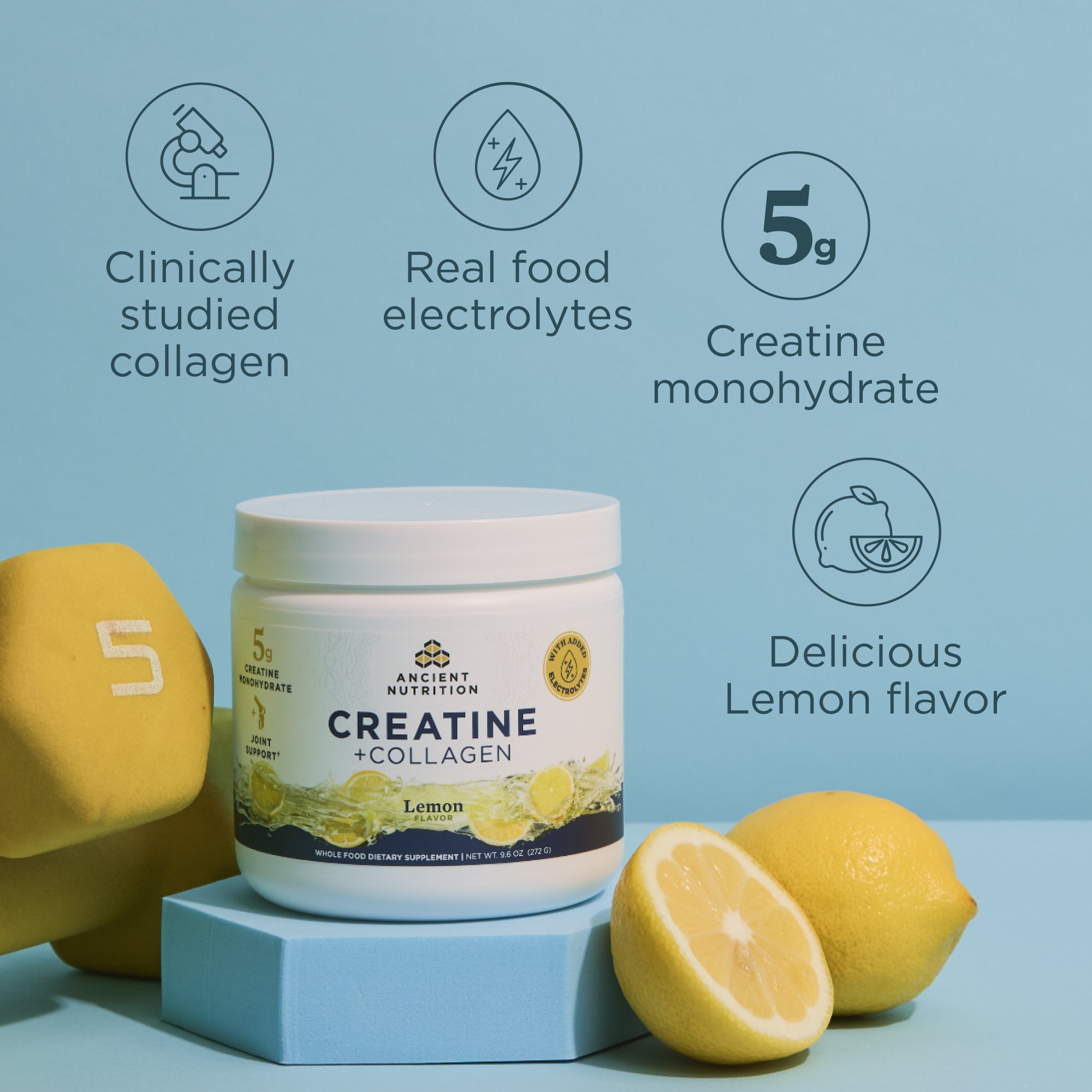 Ancient Nutrition Creatine + Collagen supplement container with lemons and a dumbbell on a light blue background