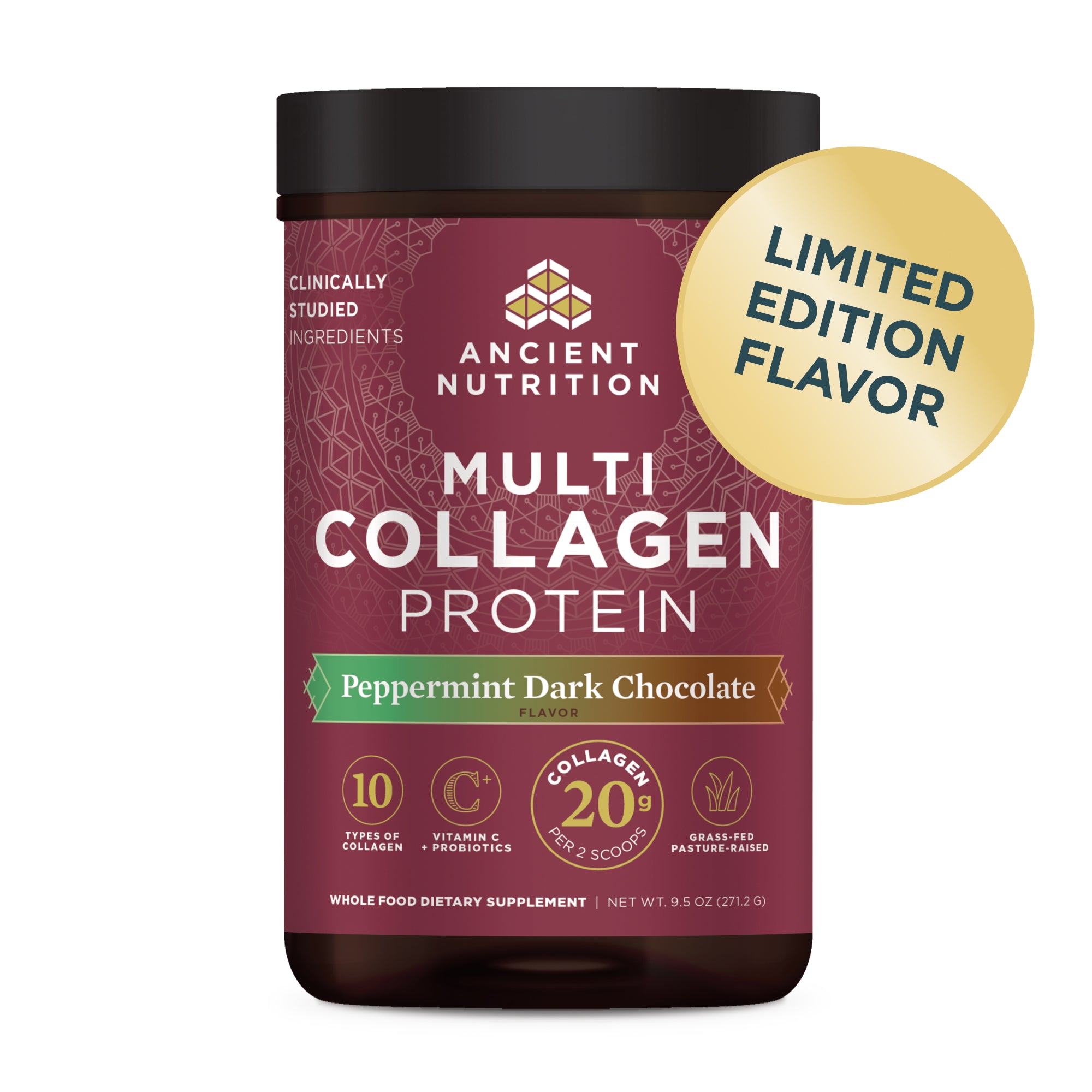 Ancient Nutrition Multi Collagen Protein container with limited edition flavor label on a white background