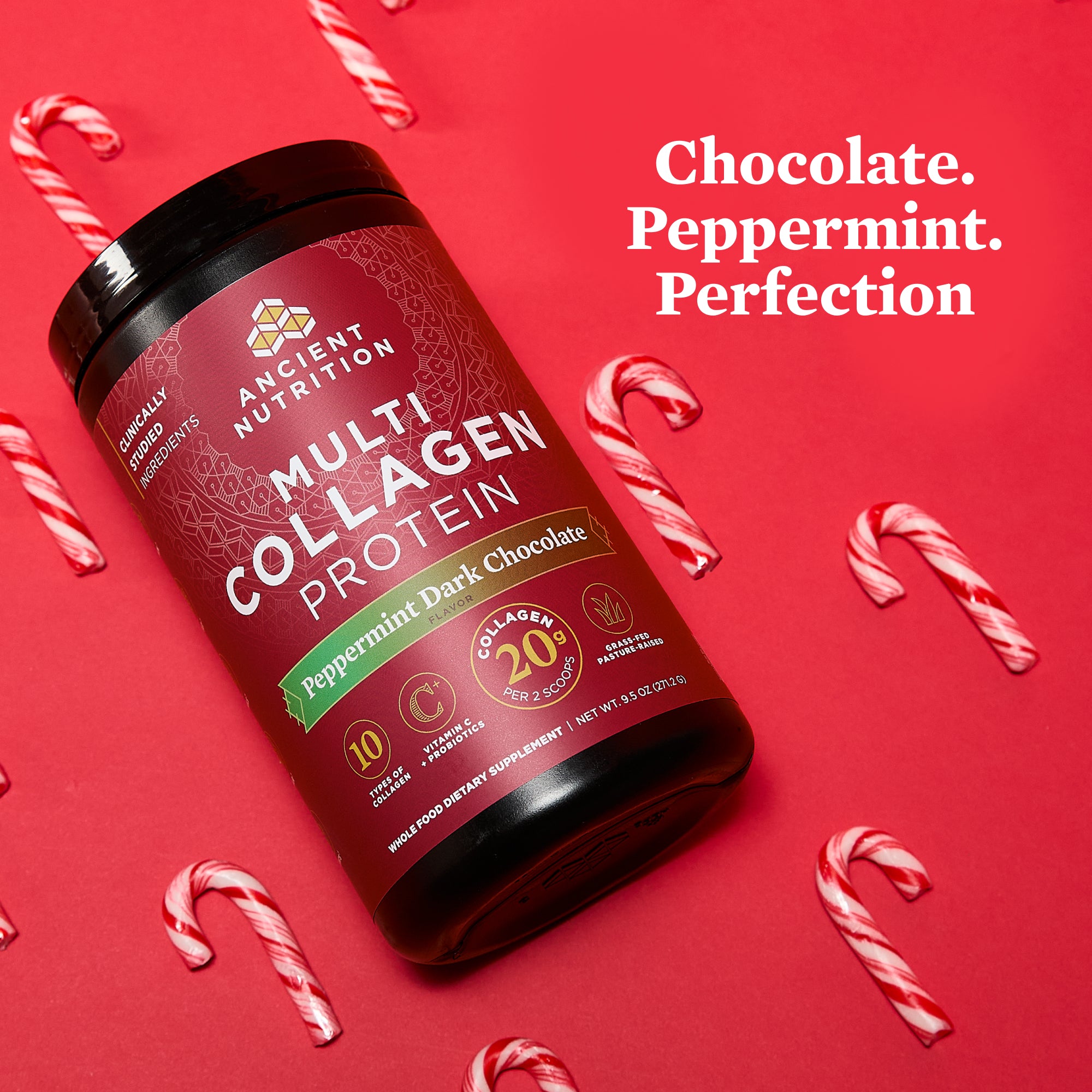 Multi Collagen Protein container with peppermint dark chocolate flavor on a red background with candy canes.