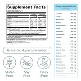 Supplement facts label with amino acid profile and dietary information on a white background