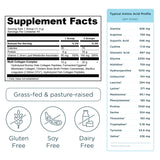Supplement facts label with amino acid profile on a white background