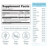Supplement facts label with amino acid profile on a white background