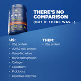 protein supplement container with comparison text on a blue background