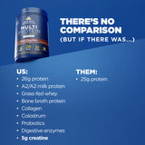 Multivitamin supplement container with comparison text on a blue background
