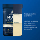 Container of Ancient Nutrition Multi-Protein with text about product settling on a blue background