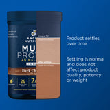 Two containers of Ancient Nutrition MUSCLE PROTEIN ANIMALS on a blue background with text about product settling.
