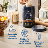 Multi protein powder container on a kitchen counter with health benefits illustrated.