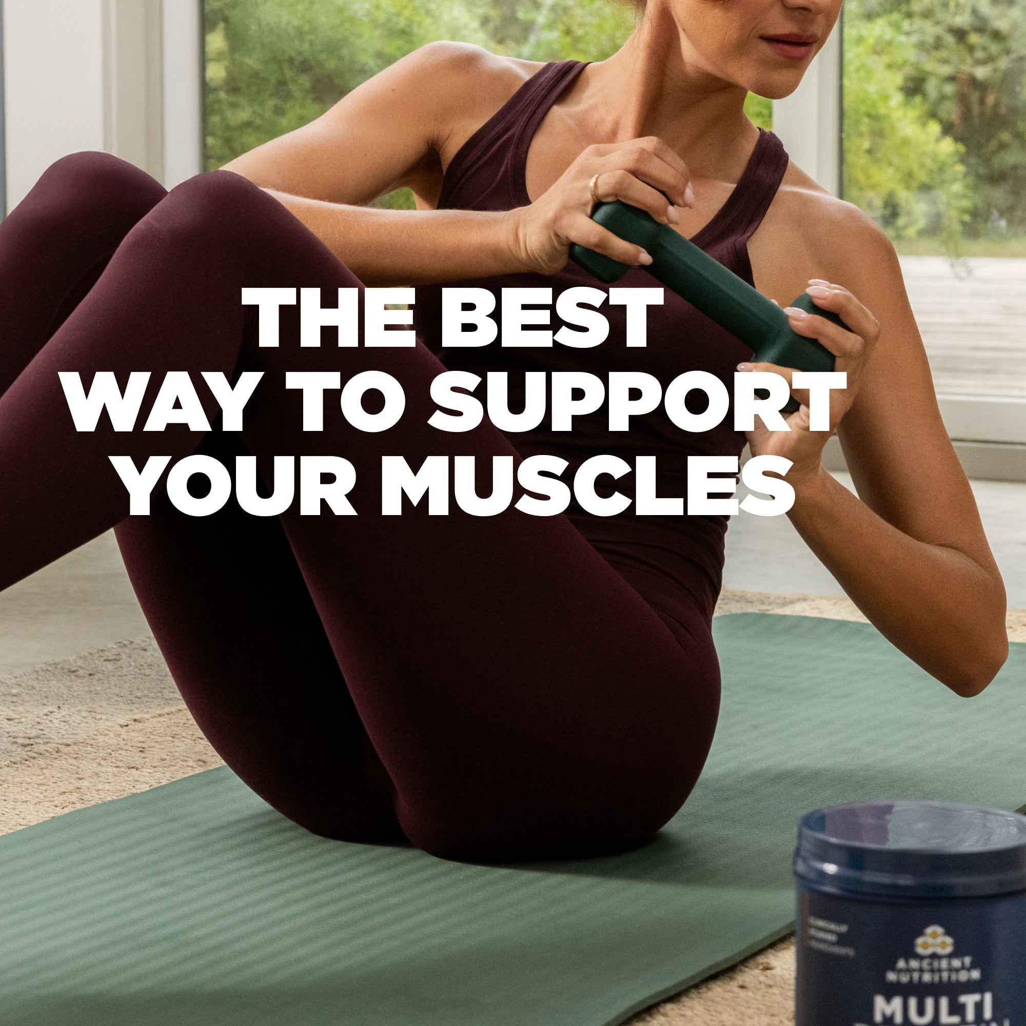 Person exercising on a mat with text about supporting muscles, next to a supplement container.