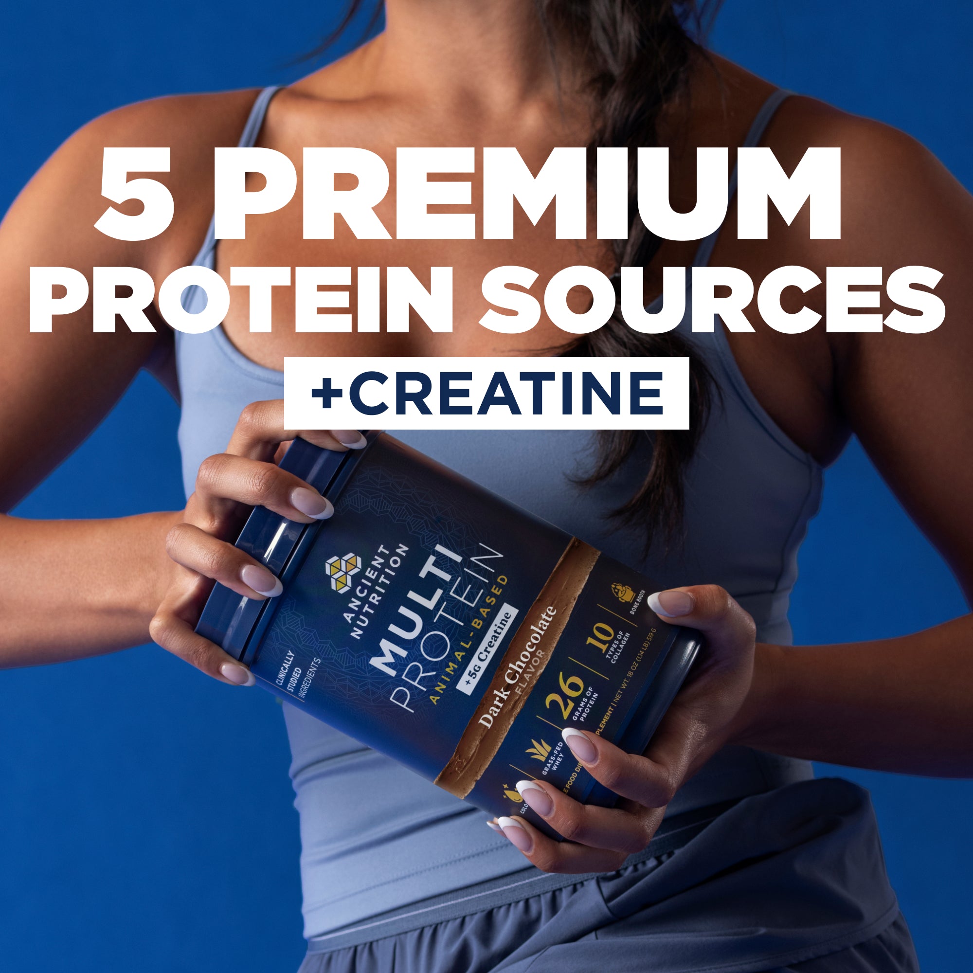 Person holding a protein supplement with text about premium protein sources and creatine on a blue background