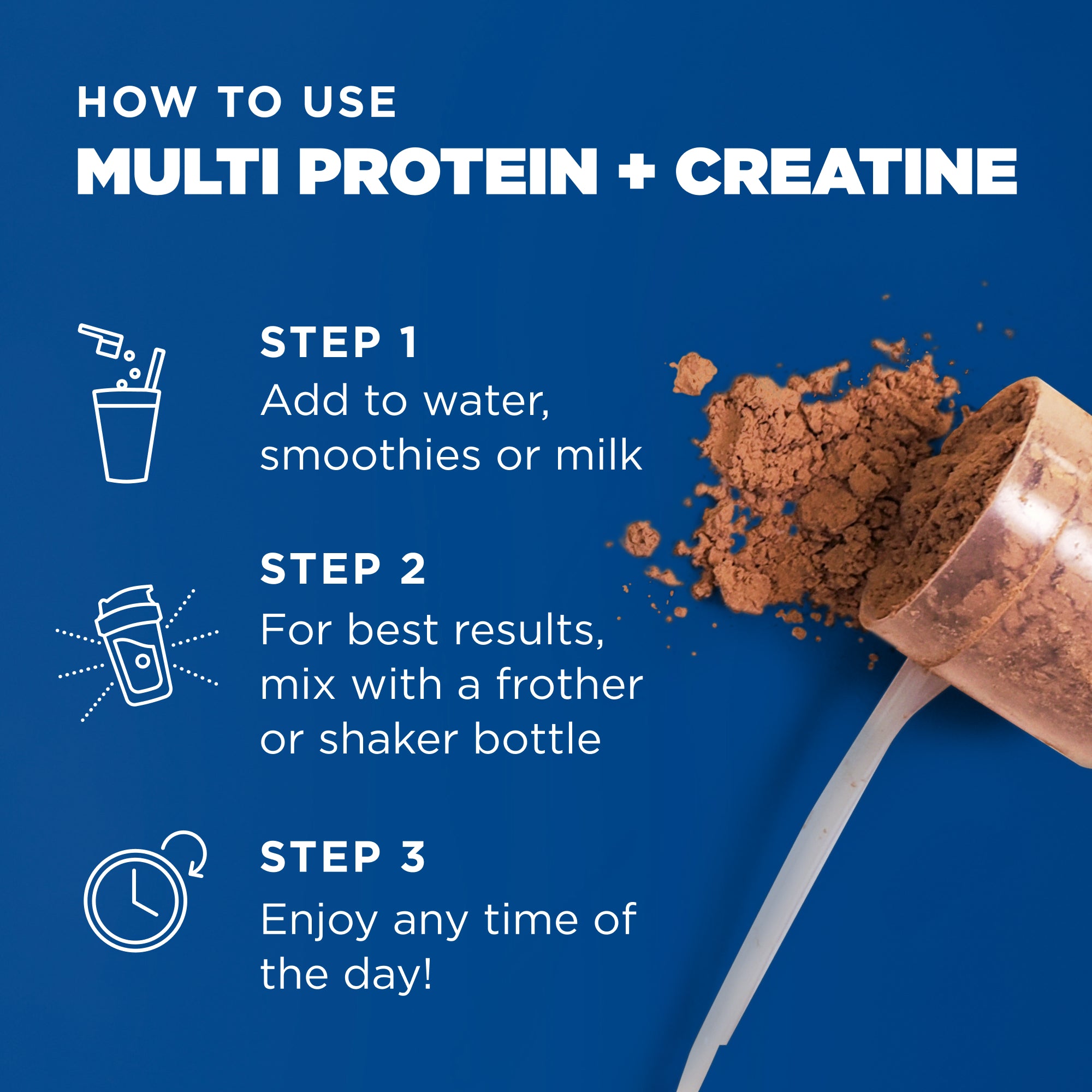 Instructions on how to use multi protein + creatine with a scoop of powder and text on a blue background