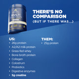 Multivitamin supplement container with comparison text on a blue background