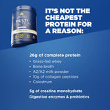 A promotional graphic for a tub of Ancient Nutrition Multi Protein Vanilla Bean. The black tub is shown on a textured blue background next to bold white text listing product features and ingredients.