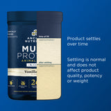 Container of Muscle Protein with text on a blue background