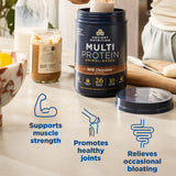 Multi protein powder container with health benefits listed on a table.