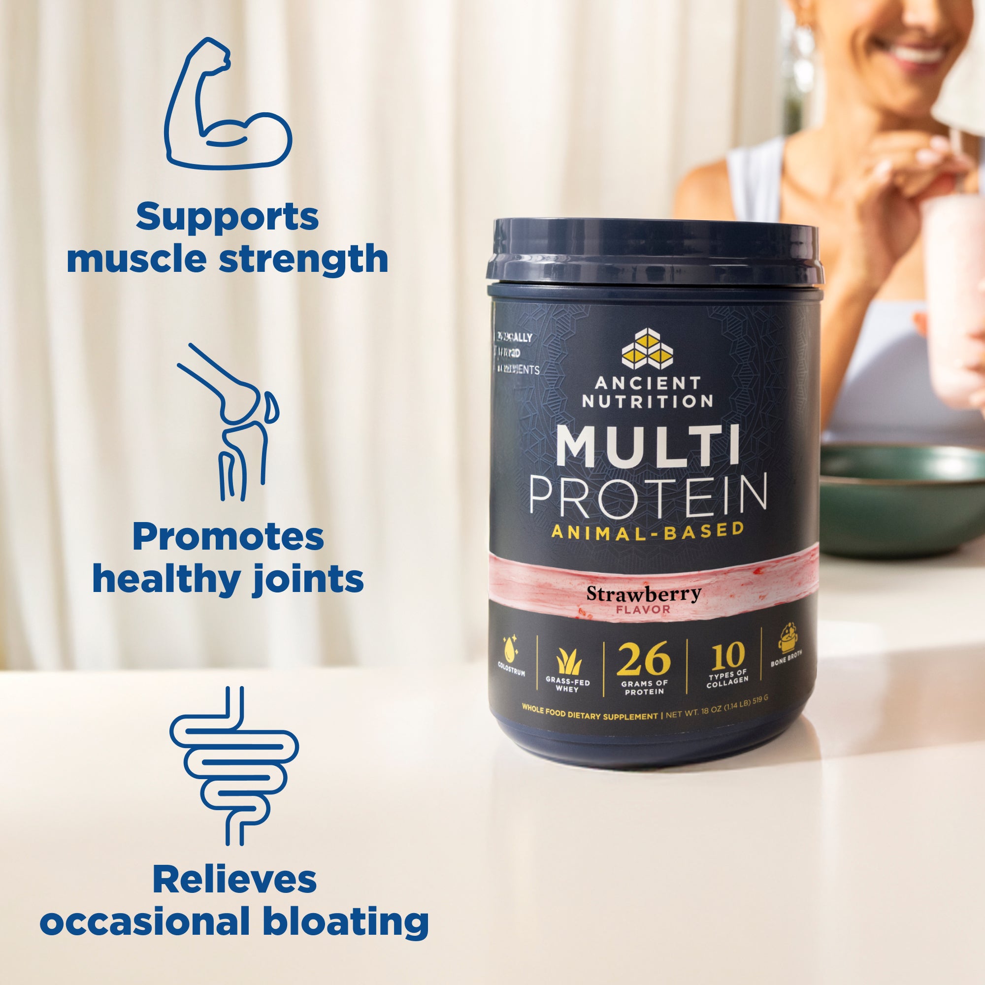 Ancient Nutrition Multi Protein container with text highlighting benefits on a neutral background