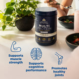 Multi protein powder container with health benefits icons on a table.